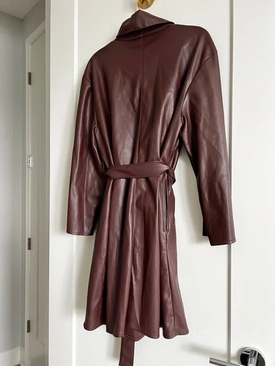 Kenneth Cole Vegan Leather Belted Trench Coat Brown Luxe Minimalist Jacket Sz L - Picture 15 of 15
